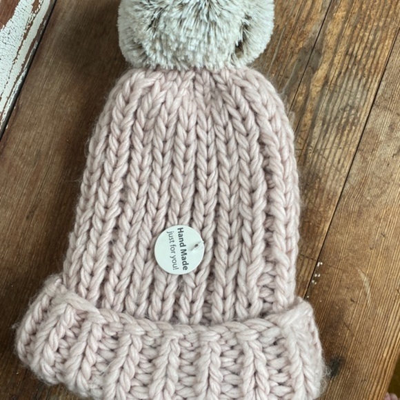 Lemon Pink Chunky Hand Knit Pom Beanie - Picture 5 of 7